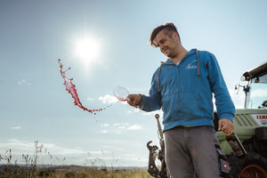 Rotwein in die Luft geworfen, die Rotweintropfen werden von der burgenländischen Sonne getroffen